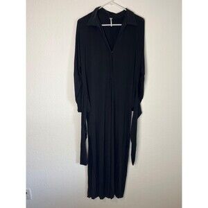 YFB Dress Womens Small Black Long Sleeve Maxi Tie Back Collared Button Up Boho